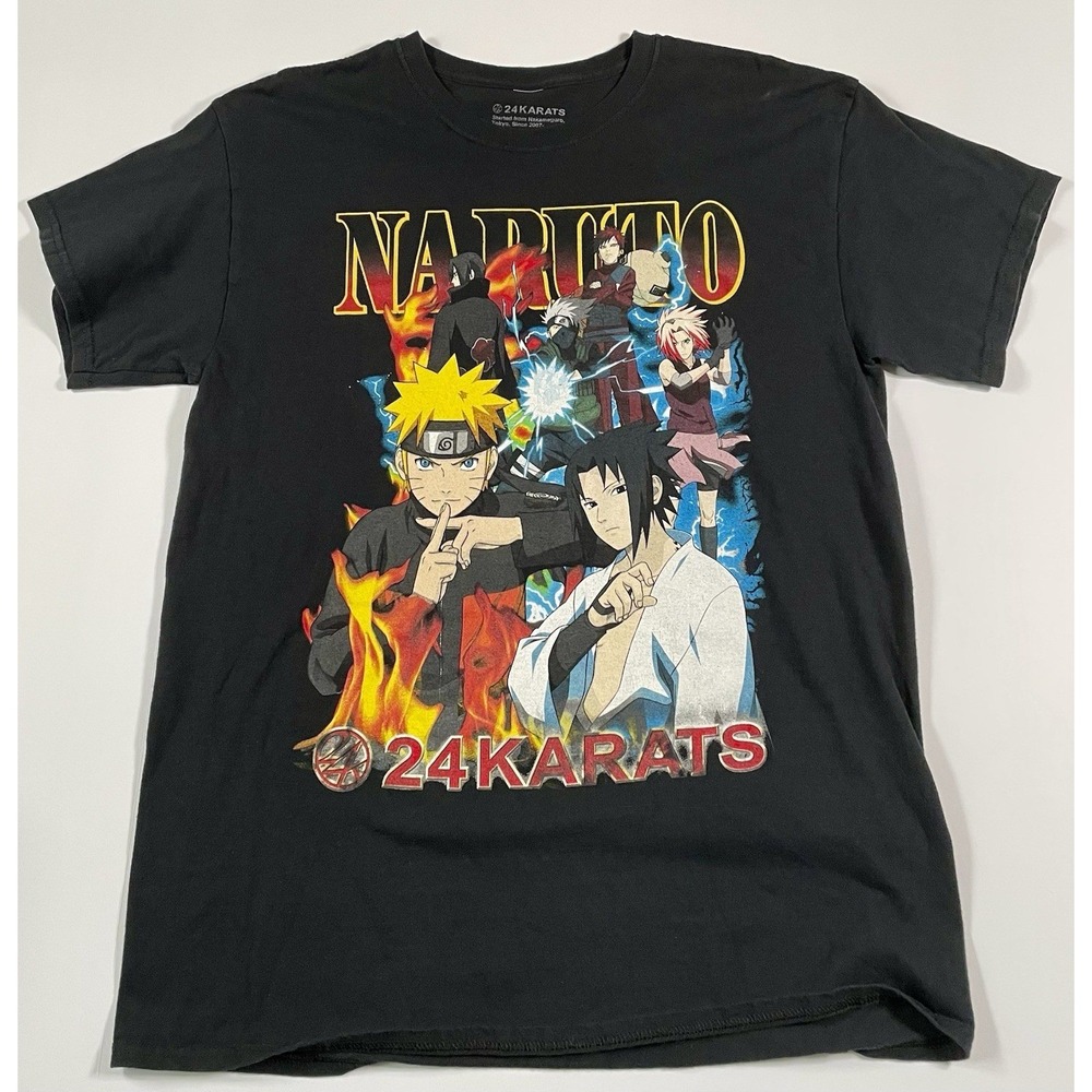 Naruto Anime T Mens Size Large 2 Sided 24 Karats Graphic Black Made USA Cotton